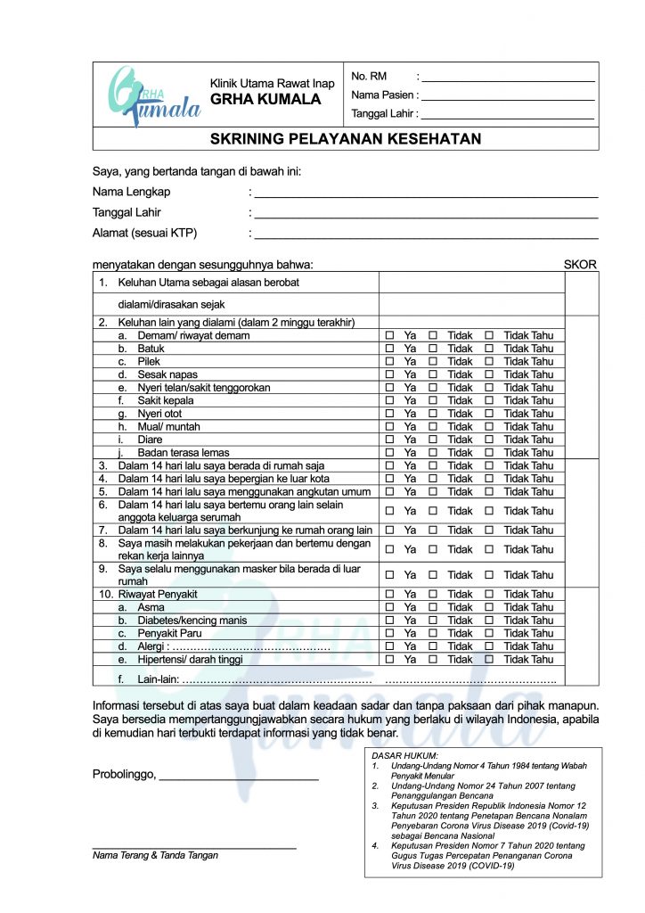 Form Skring dan Pernuataan Pasien Risiko Covid Klinik Grha Kumala Probolinggo